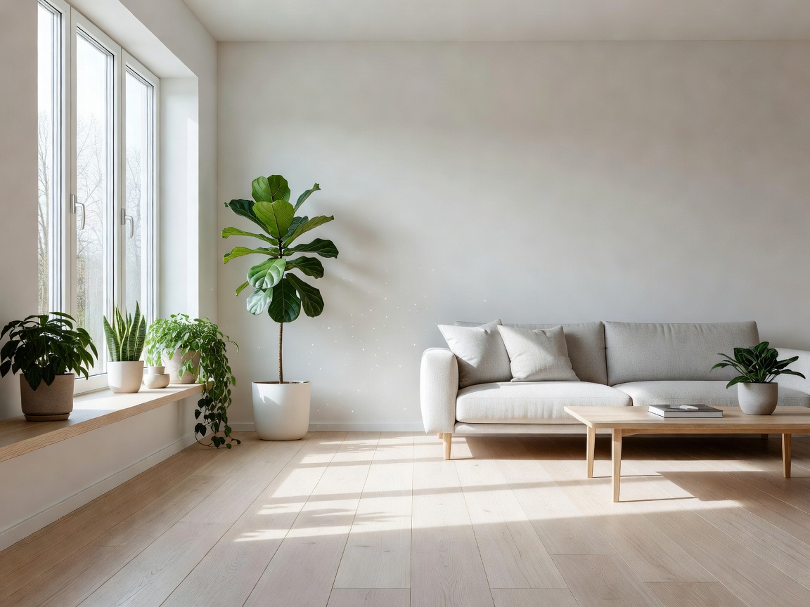 Bright spring light entering a modern Nordic home with fresh greenery