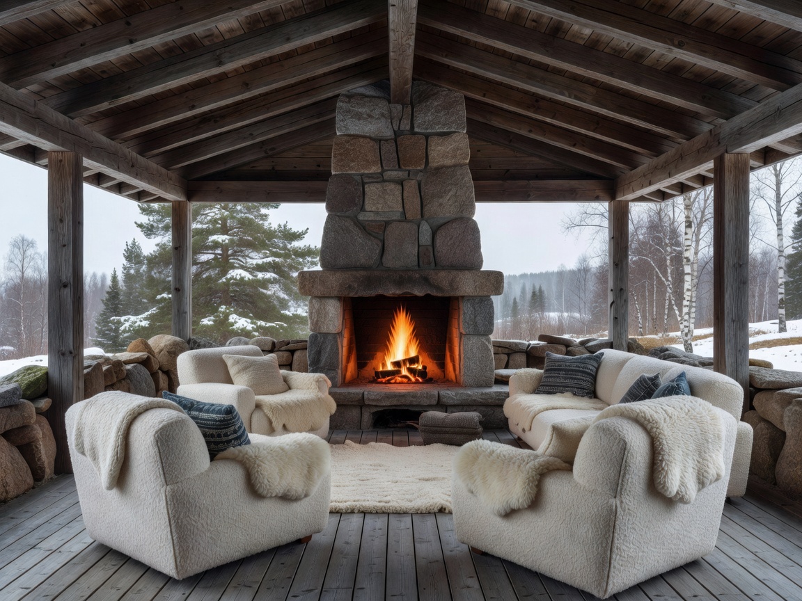 Covered Nordic outdoor room with comfortable seating and stone fireplace