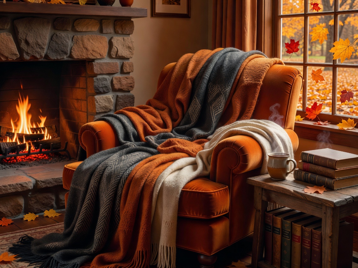 Cozy autumn interior with warm lighting and wool blankets