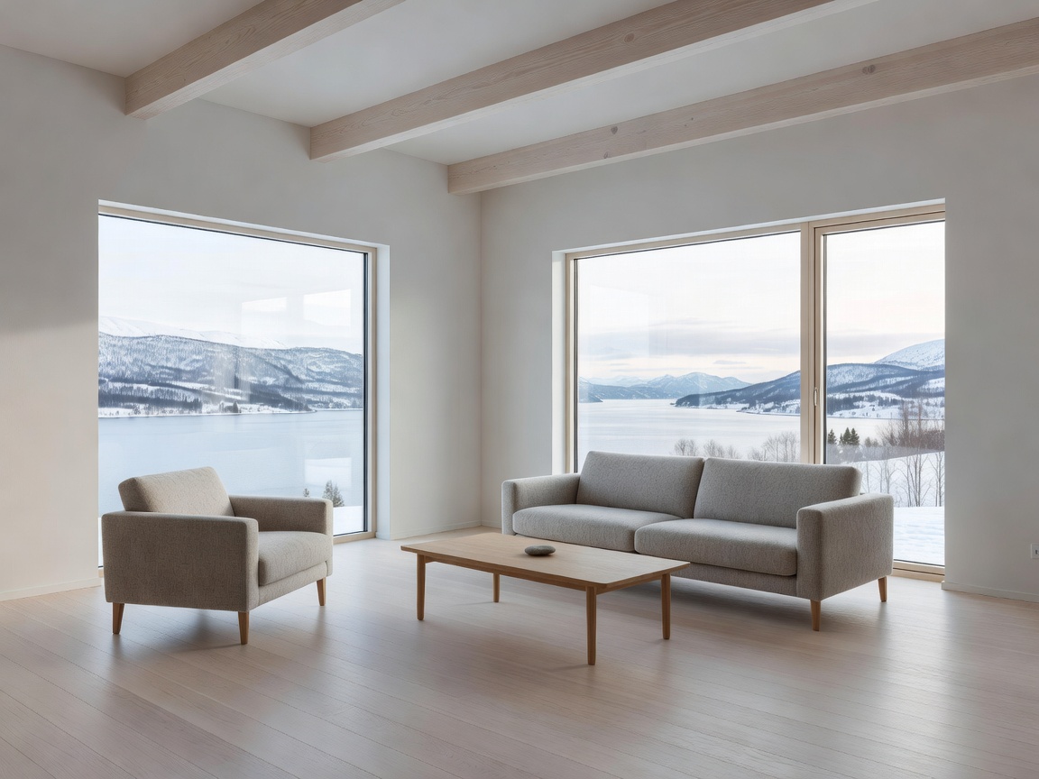 Minimalist Norwegian living room with large windows and natural light