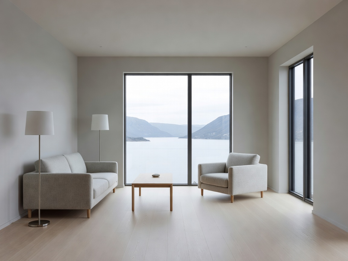Minimalist Norwegian living room with large windows