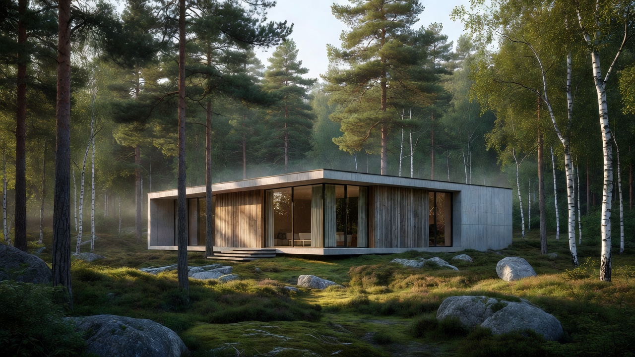 Modern contemporary Norwegian house surrounded by natural forest landscape