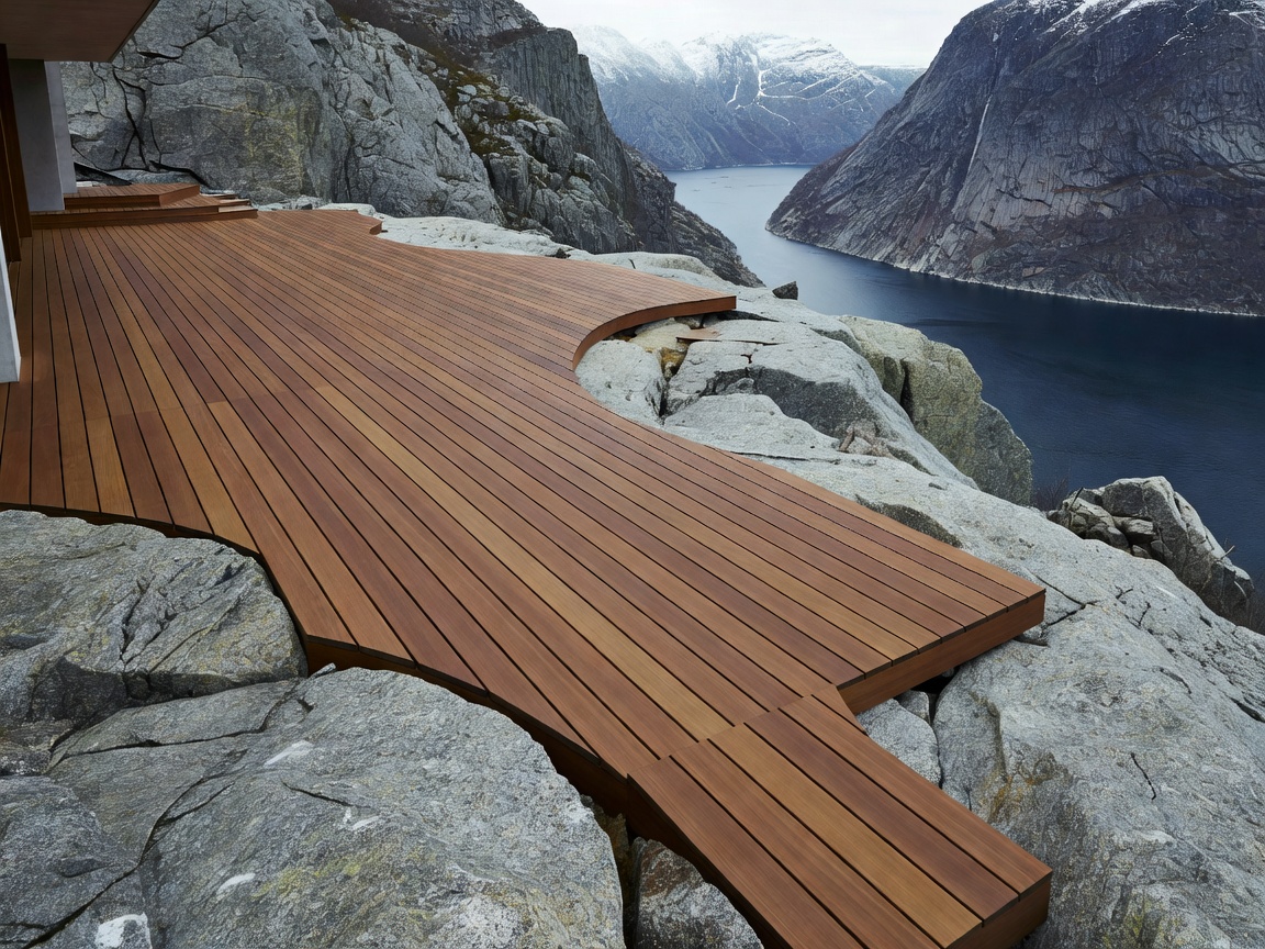 Modern Kebony wood terrace integrating seamlessly with rocky Norwegian landscape