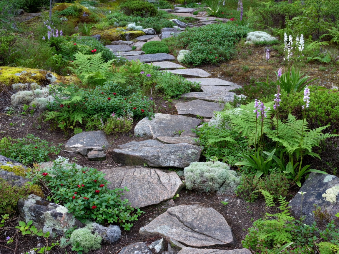 Natural Nordic garden featuring native plants and a rugged stone pathway