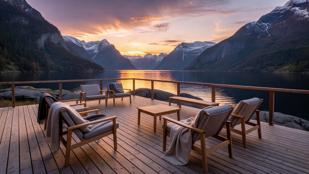 Spacious wooden outdoor terrace on a Norwegian fjord during sunset