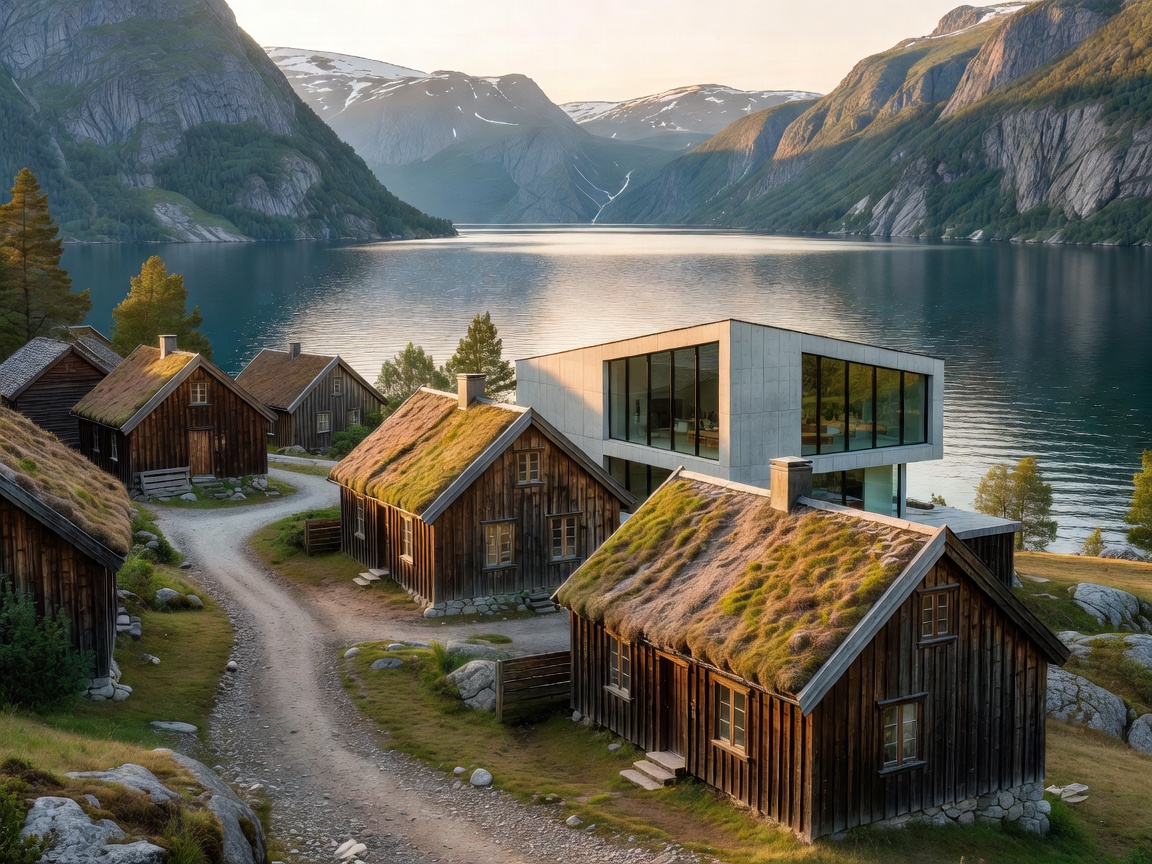 Snow covered modern Norwegian house with warm light glowing from windows
