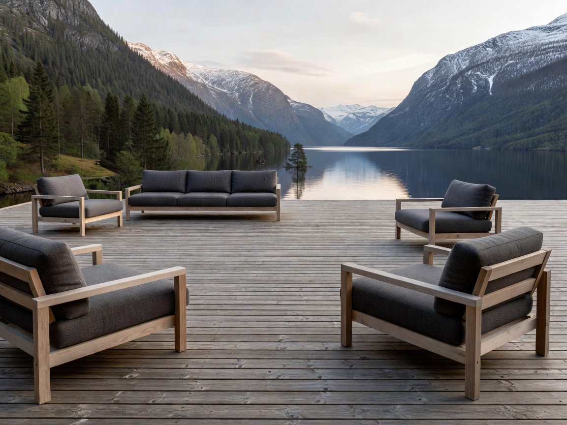 Spacious outdoor wooden terrace with contemporary seating in Norway