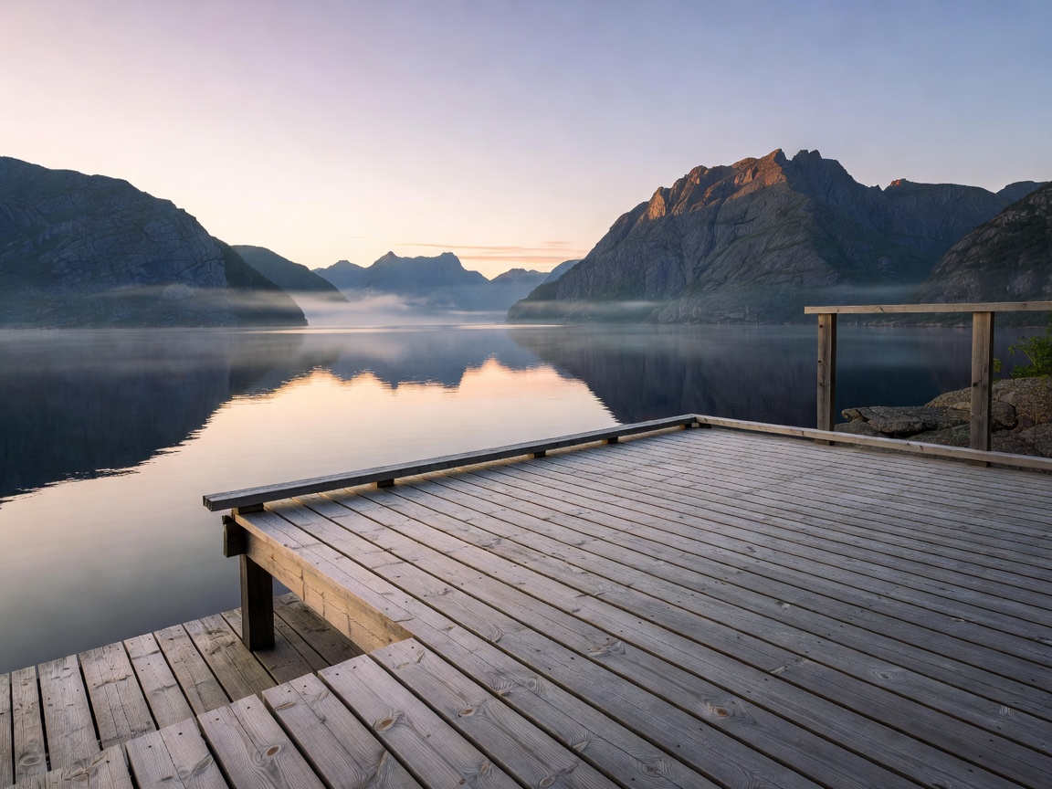 Summer evening on a Norwegian wooden deck overlooking a fjord