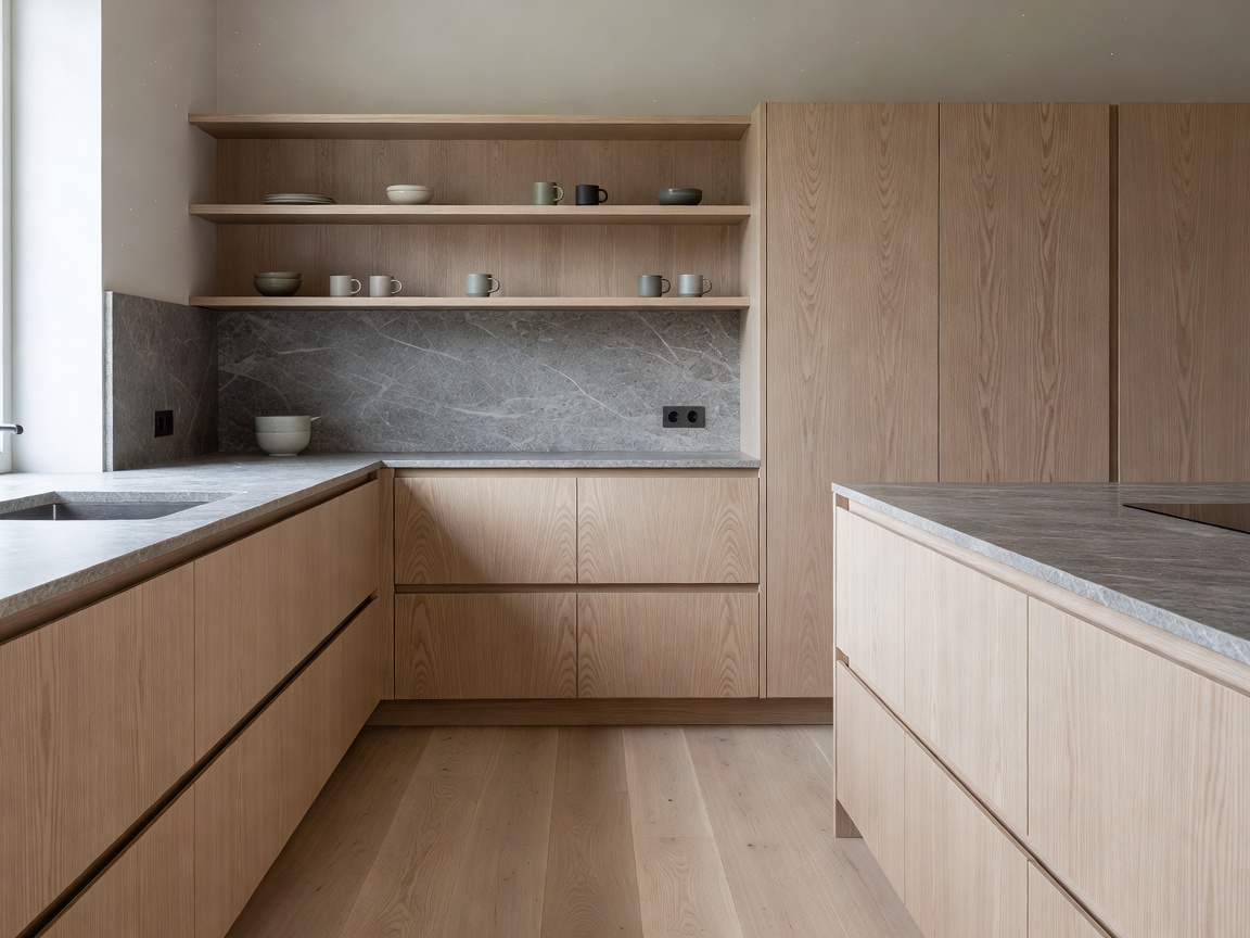Tactile wood surfaces and natural stone in a modern Scandinavian kitchen