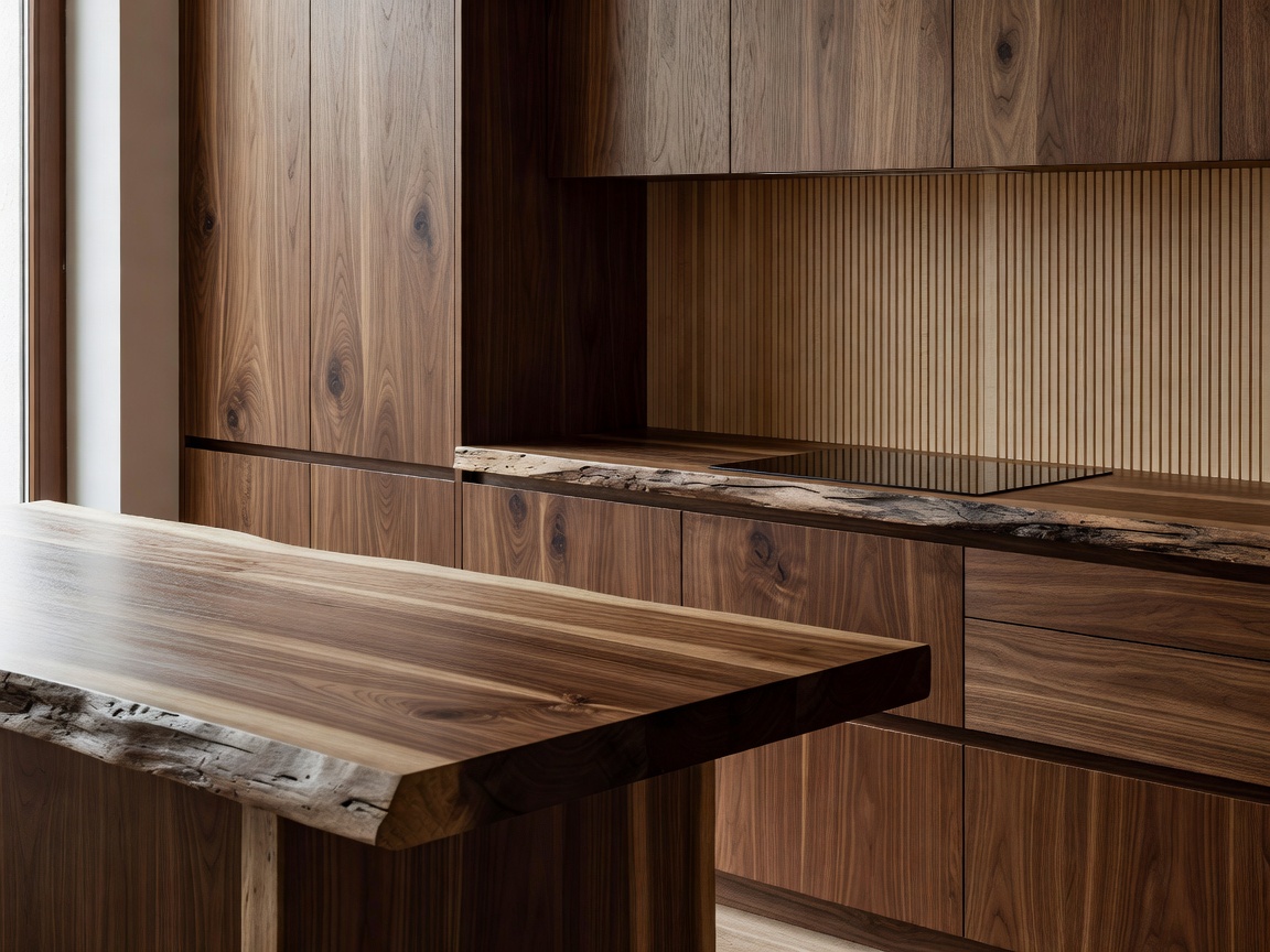 Tactile wood surfaces in a modern kitchen