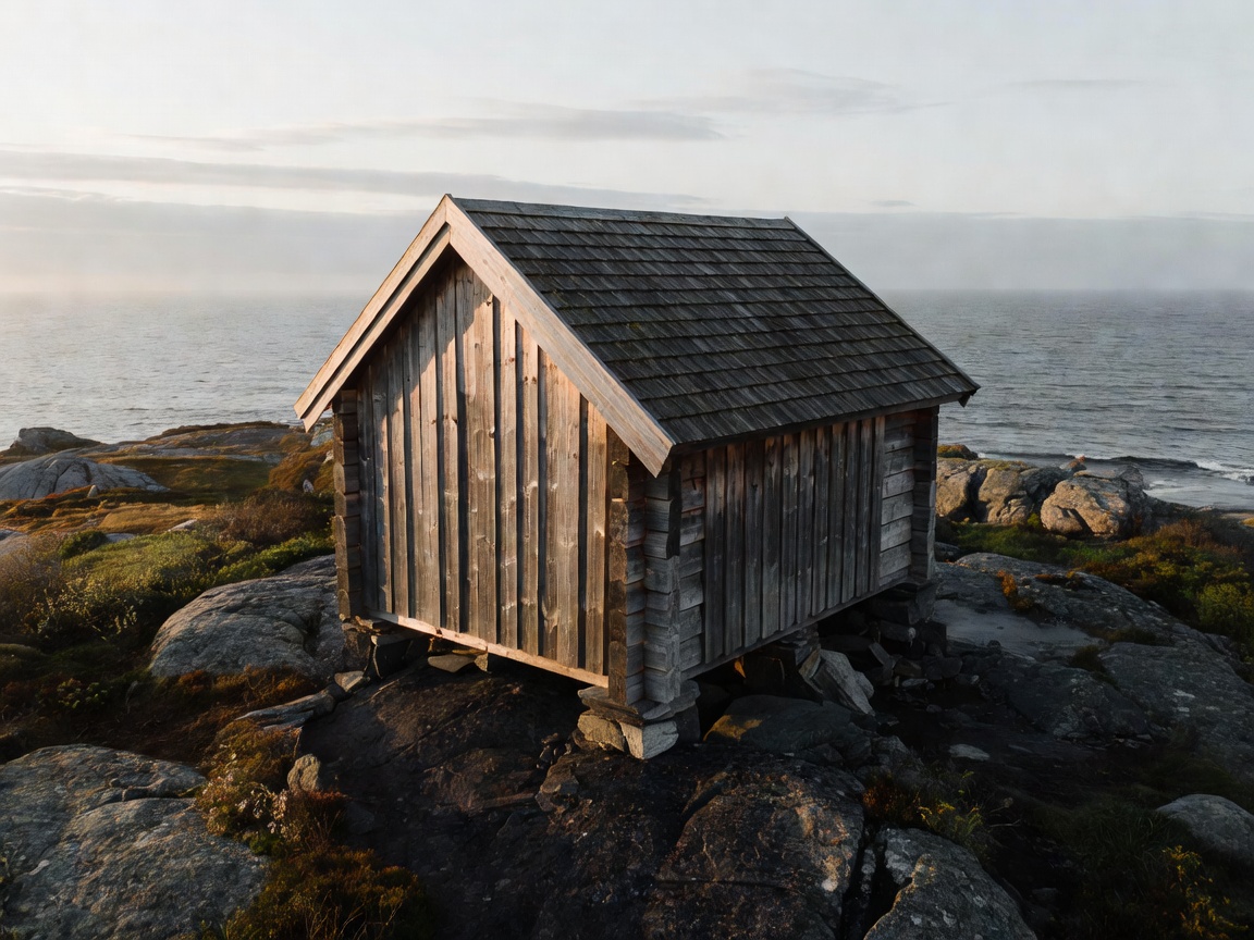 Timber clad Norwegian cabin on rocks