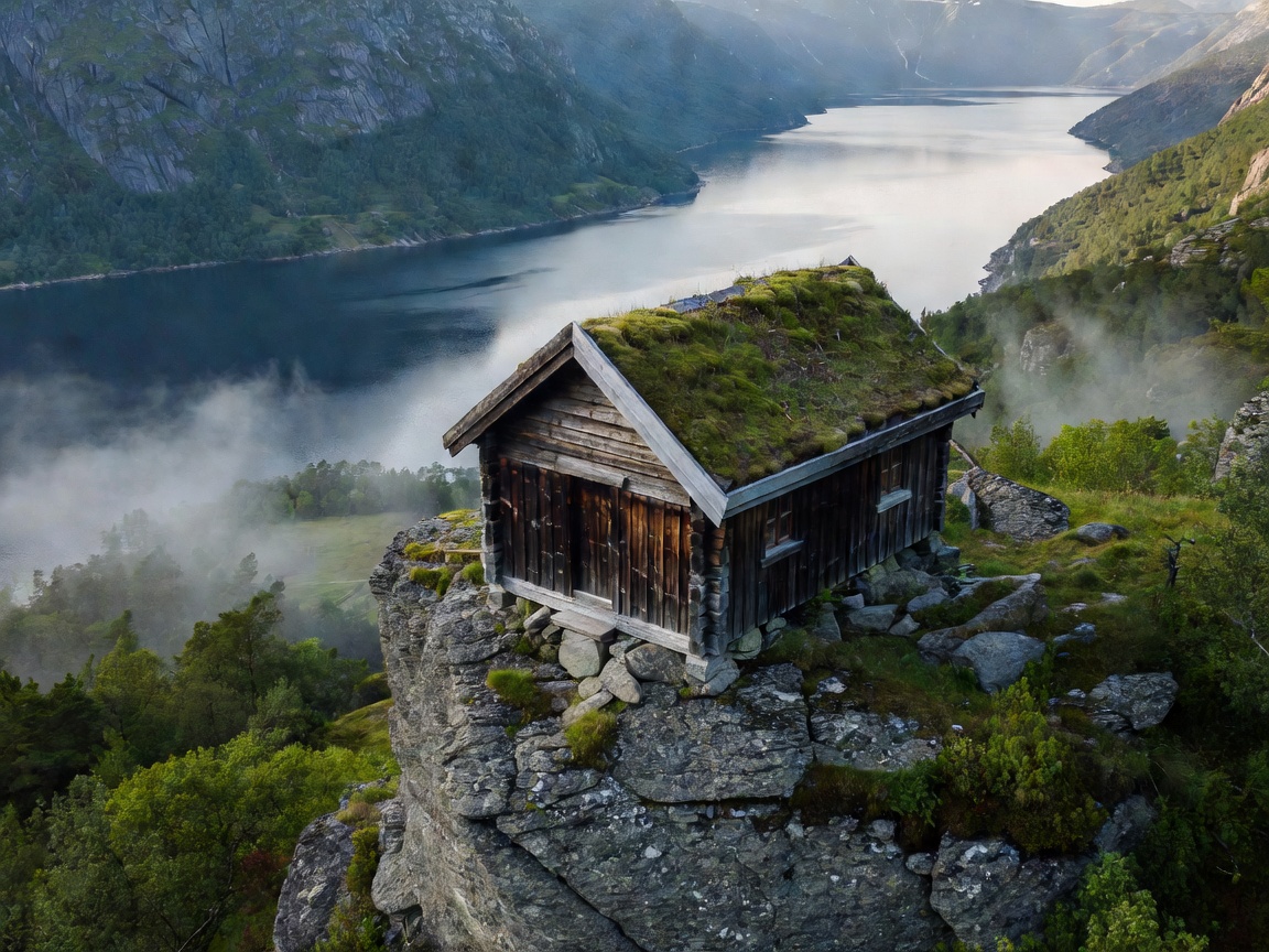 Timber clad Norwegian cabin perched on a rocky outcrop