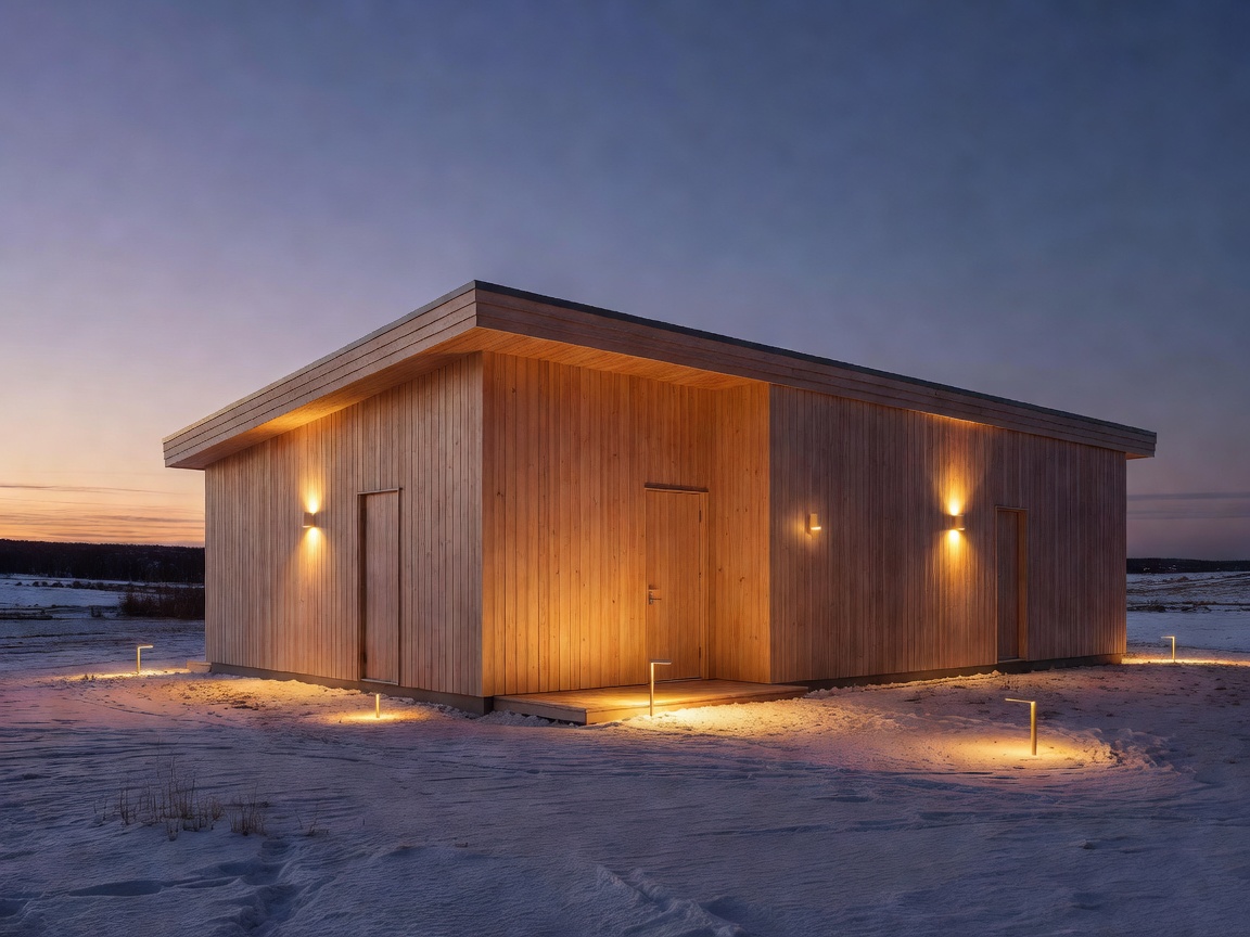 Warm architectural outdoor lighting illuminating a Scandinavian timber home at dusk