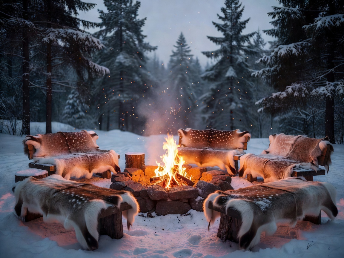 Cozy outdoor fire pit surrounded by seating covered in reindeer hides during winter